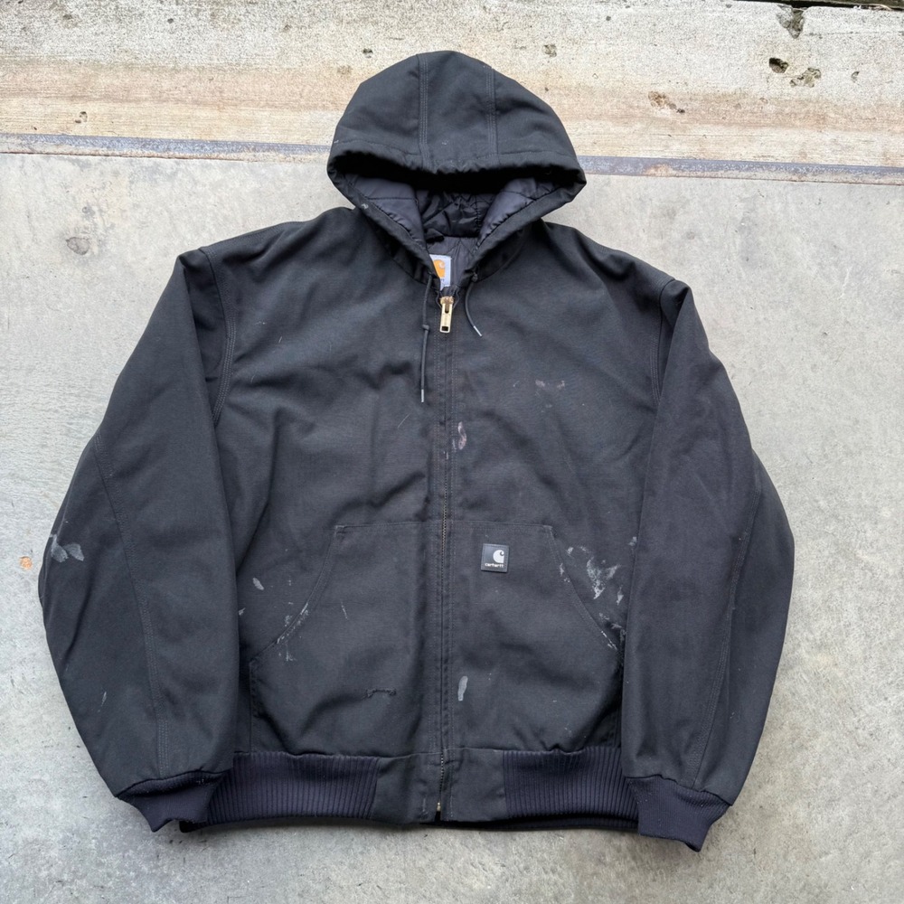 Carhartt Active Jacket Mens XL Black Duck Canvas Quilted Lined Hooded Work Coat